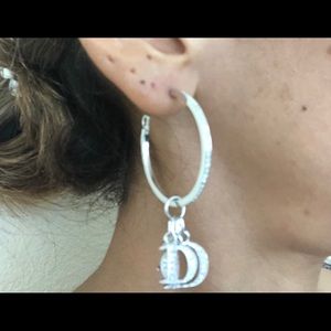 Dior Silver Logo Charm Drop Hoop Earrings